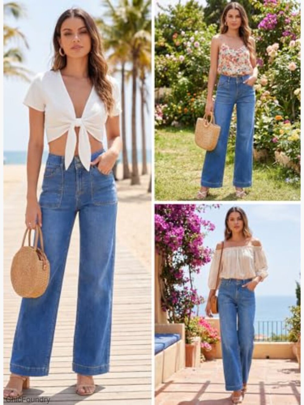 High Waisted Wide Leg Stretchy Tummy Control Straight Denim Pants - Picture 6 of 7